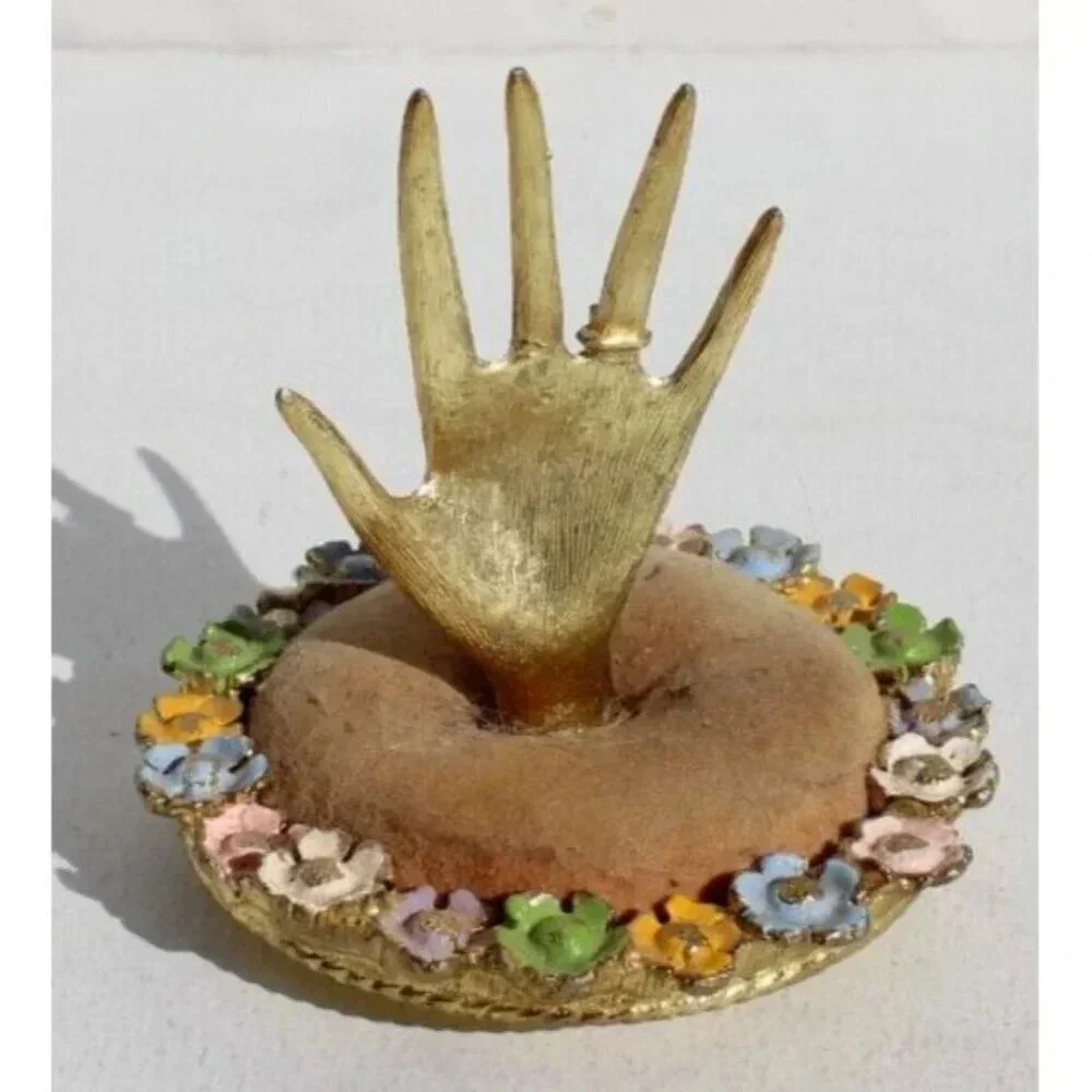 Vintage 1970s MCM Flower Mini Hand Figurine Ring Trinket Dish Pin Cushion Dish